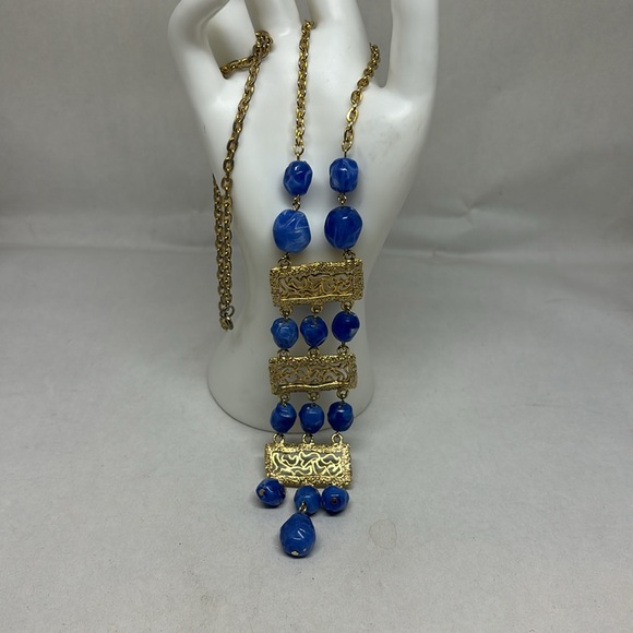 Pretty vintage blue bead, Art Deco style necklace - Picture 2 of 12